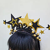 Новорічна корона 2025. Золотисто-чорна новорічна корона із зірками Гламурний аксесуар для дорослих дівчат, фото 9