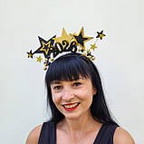 Новорічна корона 2025. Золотисто-чорна новорічна корона із зірками Гламурний аксесуар для дорослих дівчат, фото 8