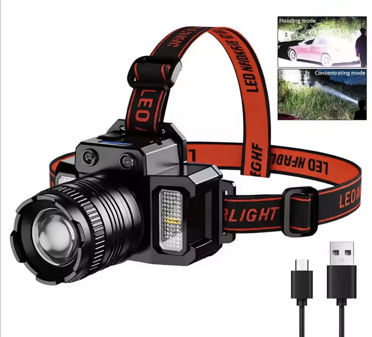 Налобний ліхтарик акумуляторний LED 5 режимів роботи, перезаряджуваний usb type-c
