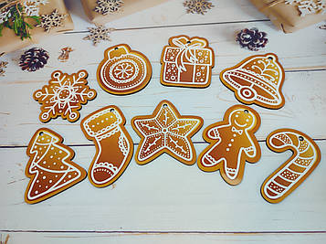 Набір ялинкових іграшкок "Імбирні пряники", дерев'яні новорічні прикраси, 9шт./набір