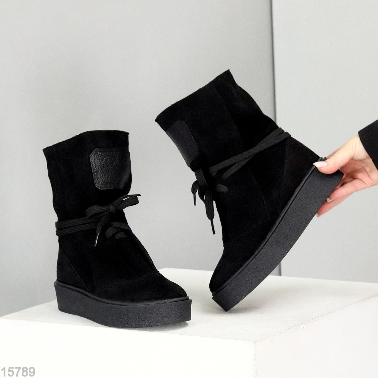 Дизайнерські зимові чорні високі черевики натуральна замша, фото 1