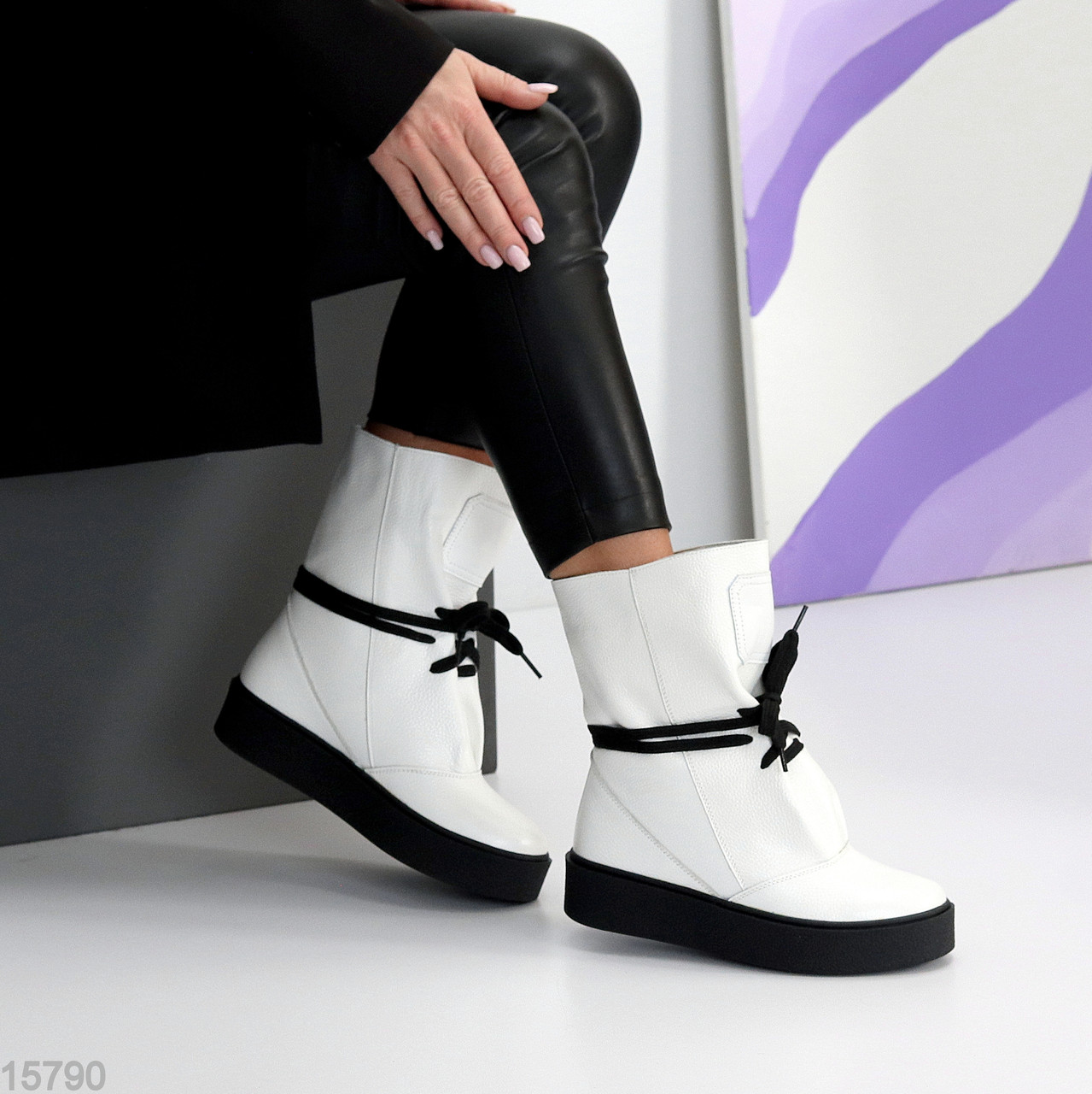 Дизайнерські зимові білі високі черевики натуральна шкіра флотар, фото 1