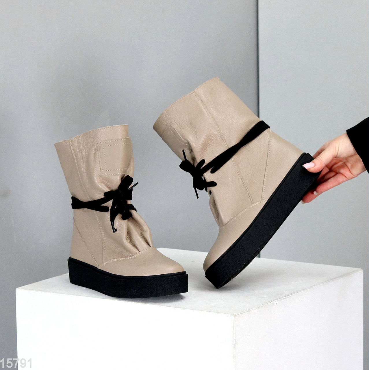 Дизайнерські зимові бежеві високі напівчеревики натуральна шкіра флотар 40, фото 1