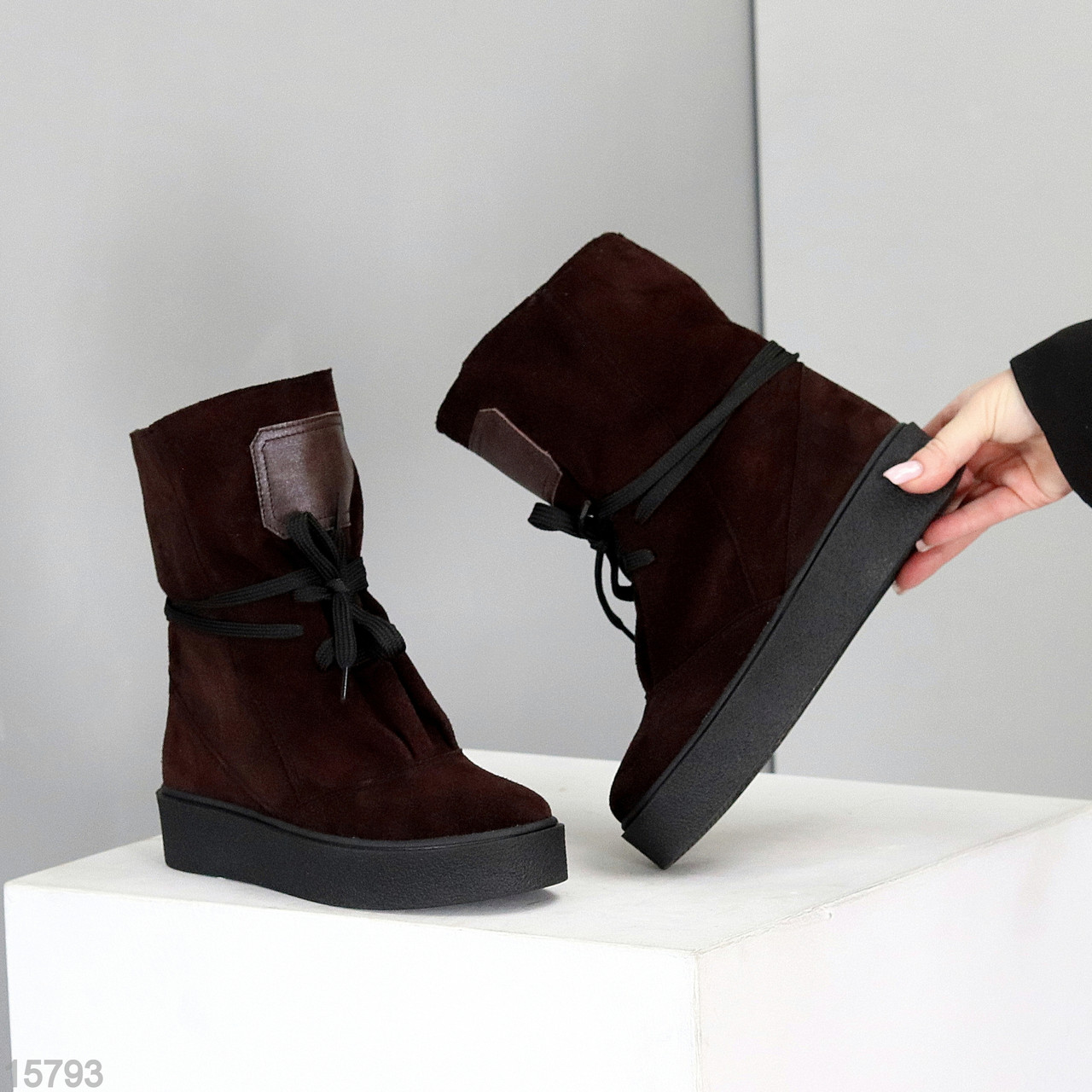 Дизайнерські зимові Шоколадні високі черевики натуральна замша, фото 1