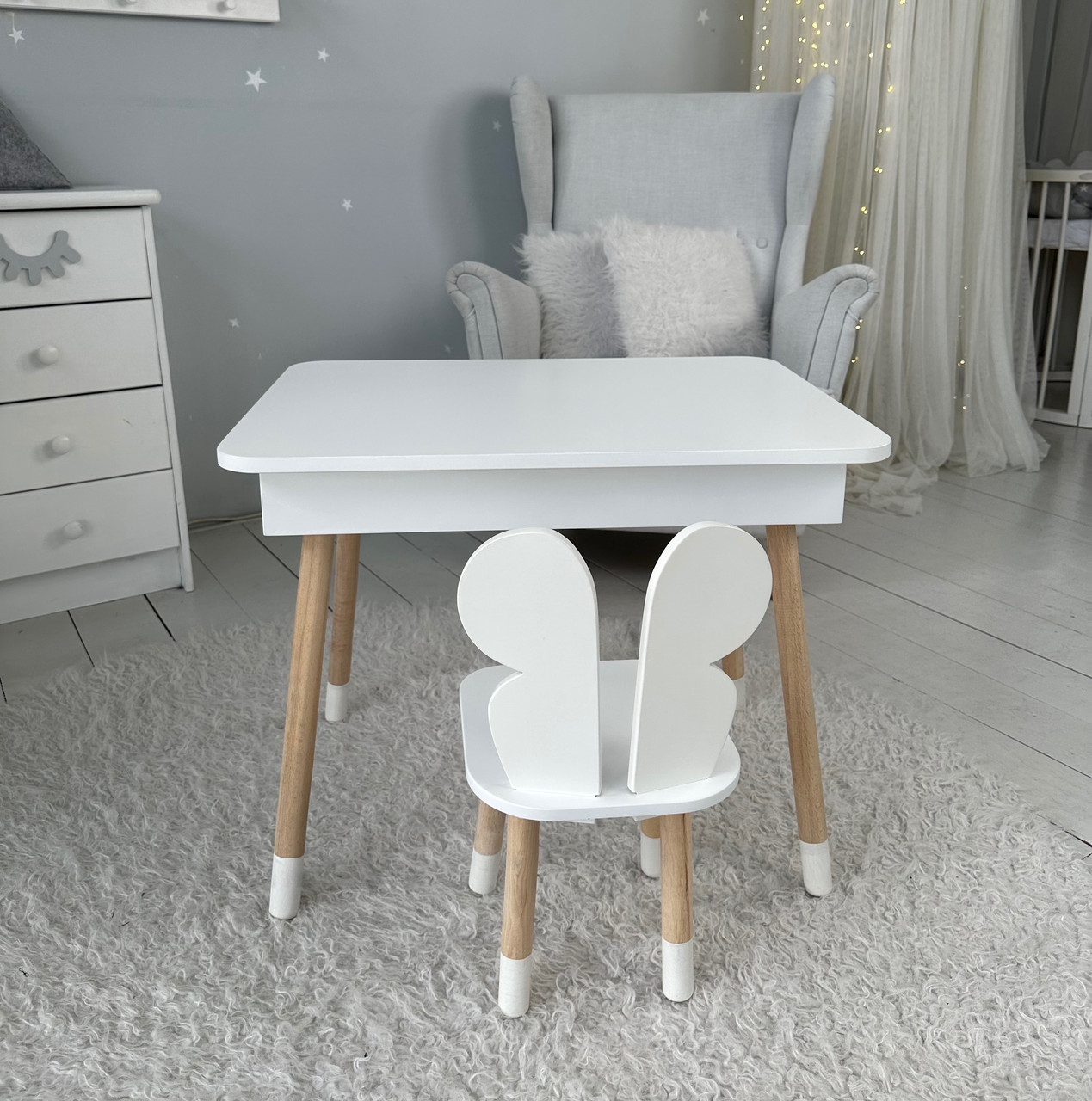 Столик з відкидним верхом 53х60х45 і стільчик метелик 26.5х26х25, стіл та стілець для злопчика від 1 року, білий, фото 1