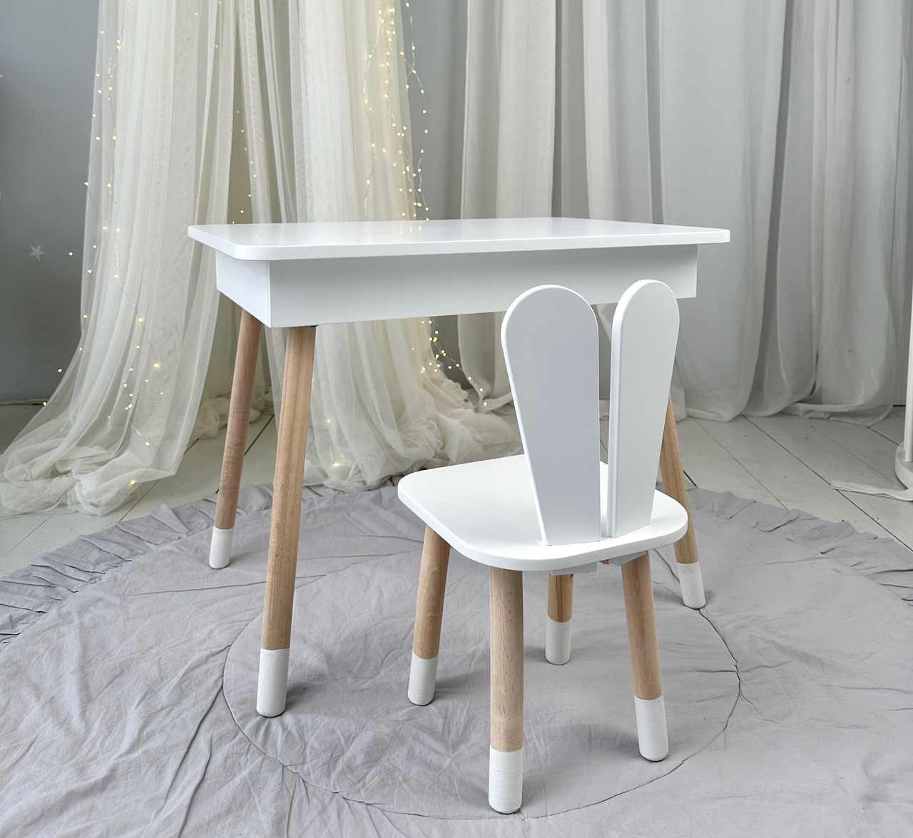 Дитячий столик з відкидним верхом 53х60х45 і стільчик зайчик 26.5х26х25, стіл та стілець для дітей до 7 років, білий, фото 1