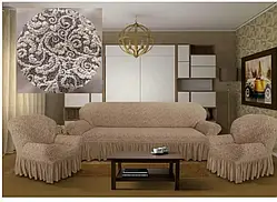 Чохли жаккардові натяжні на диван і 2 крісла Волна Туреччина бежево пудрові