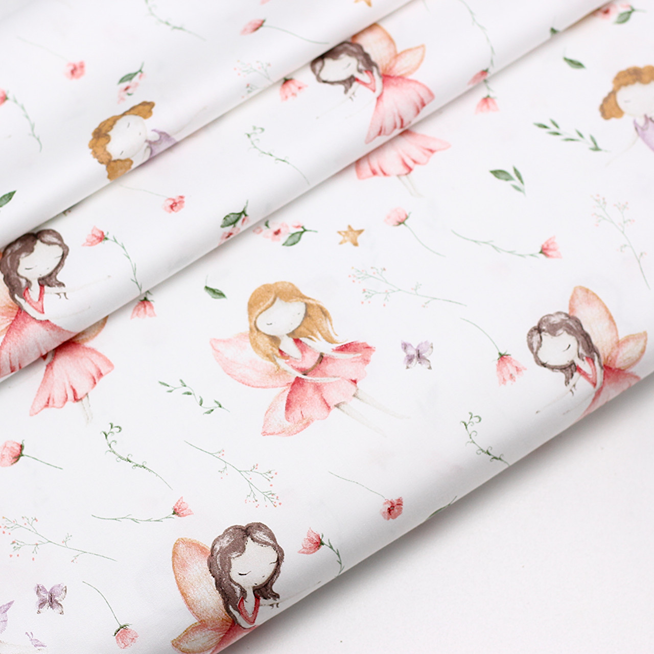 Сатин "Феї з рожевими крилами та квітами" на білому тлі No SK-160-070, фото 1