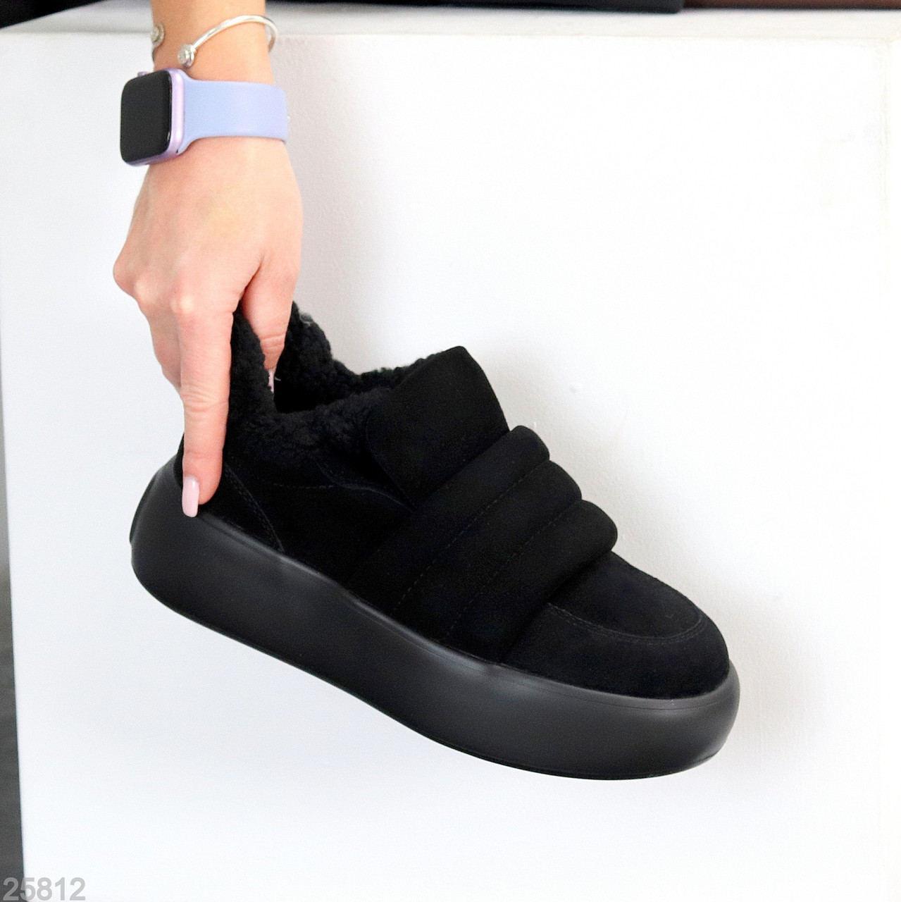 М'які замшеві чорні автоледі на хутрі на платформі, фото 1