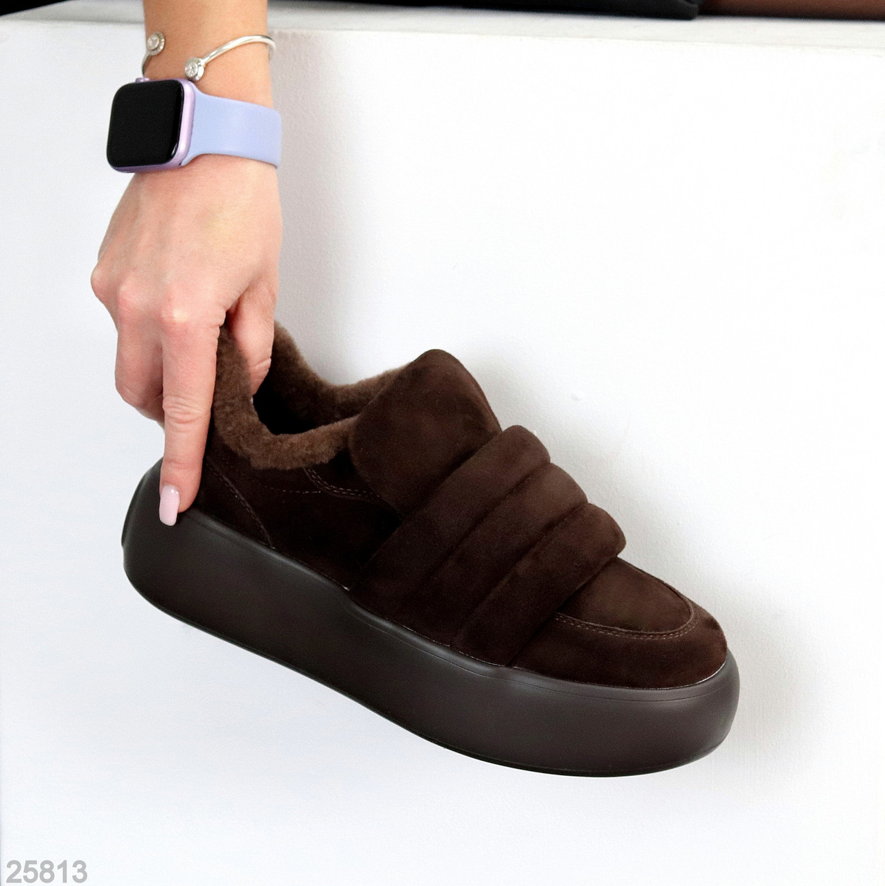 М'які замшеві Шоколадні автоледі на хутрі на платформі, фото 1