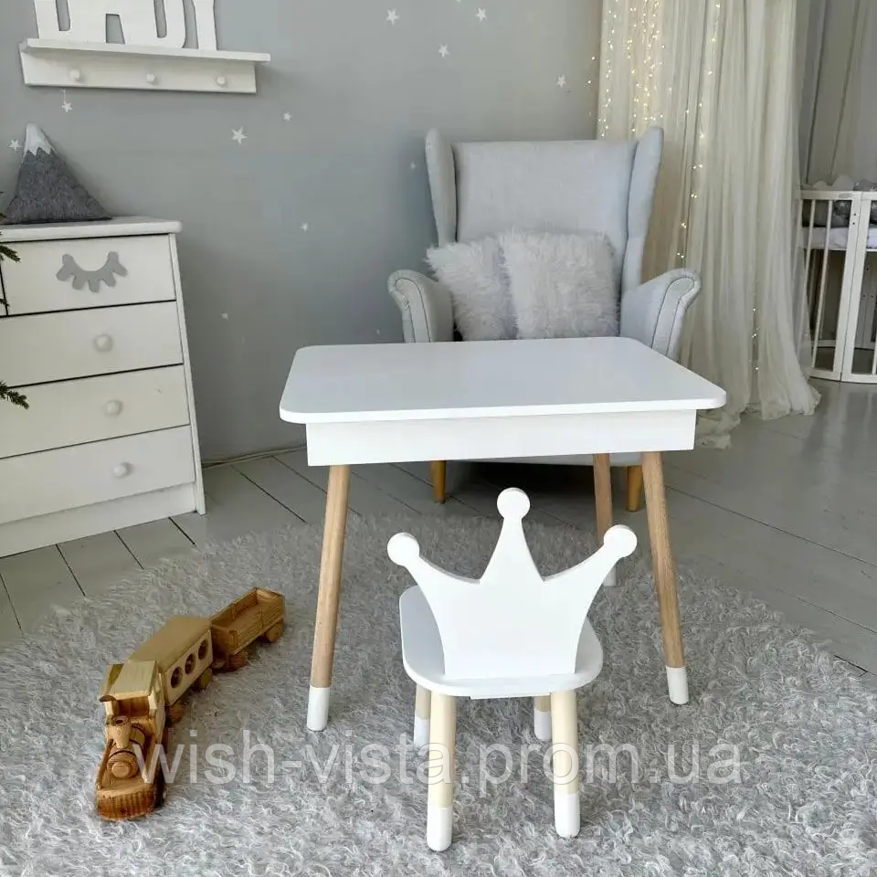 Столик з шухлядою для олівців і стільчик No Brand Корона 54х60х45 см Білий (2330428614), фото 1