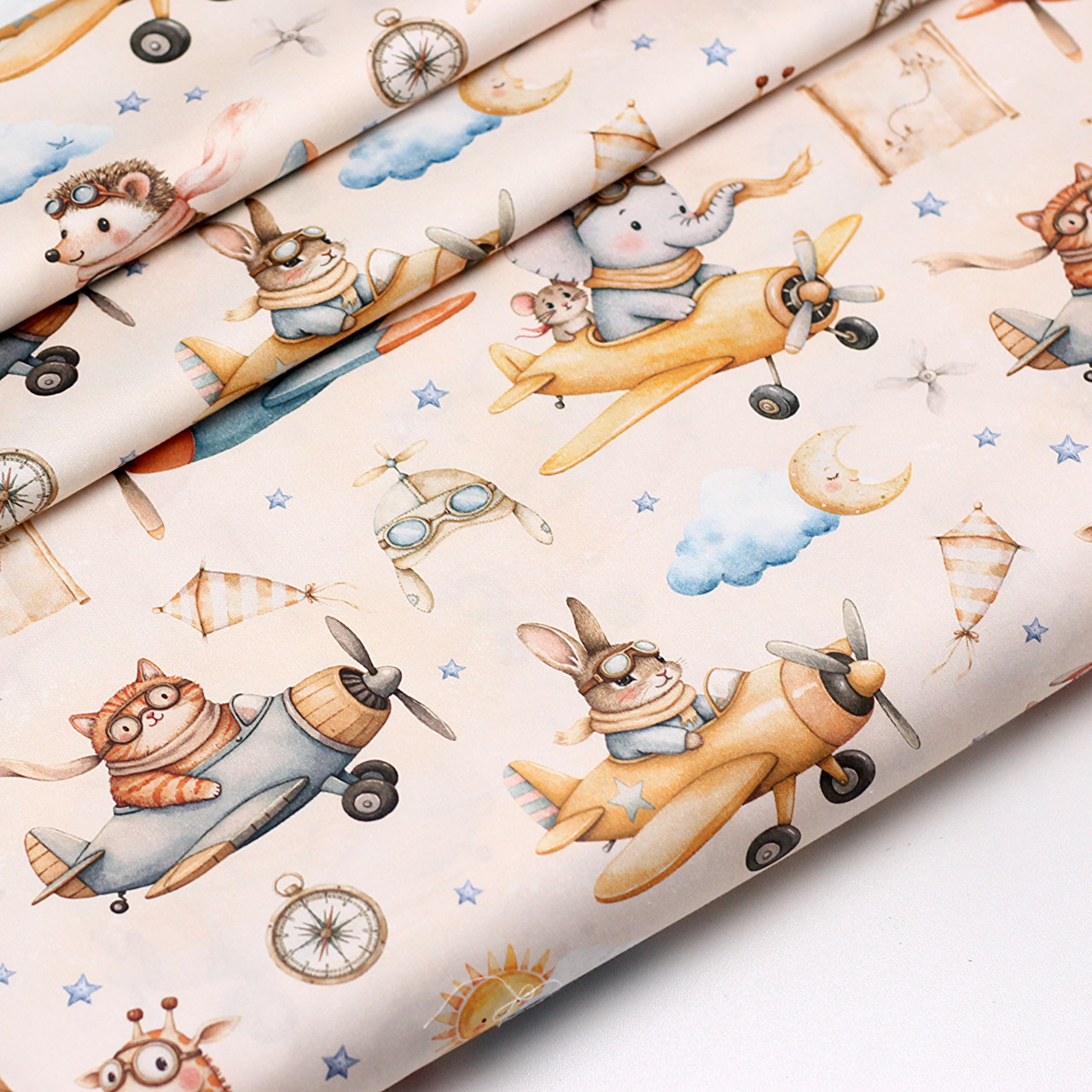 Сатин digital "Звірята-пілоти на літаках" на бежовому тлі No SKD-160-076, фото 1