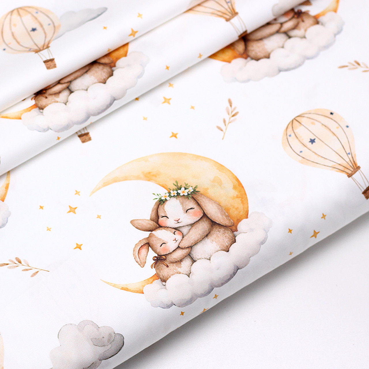 Сатин digital "Зайчики, мама з доцьою на місяці" на білому тлі No SKD-160-077, фото 1