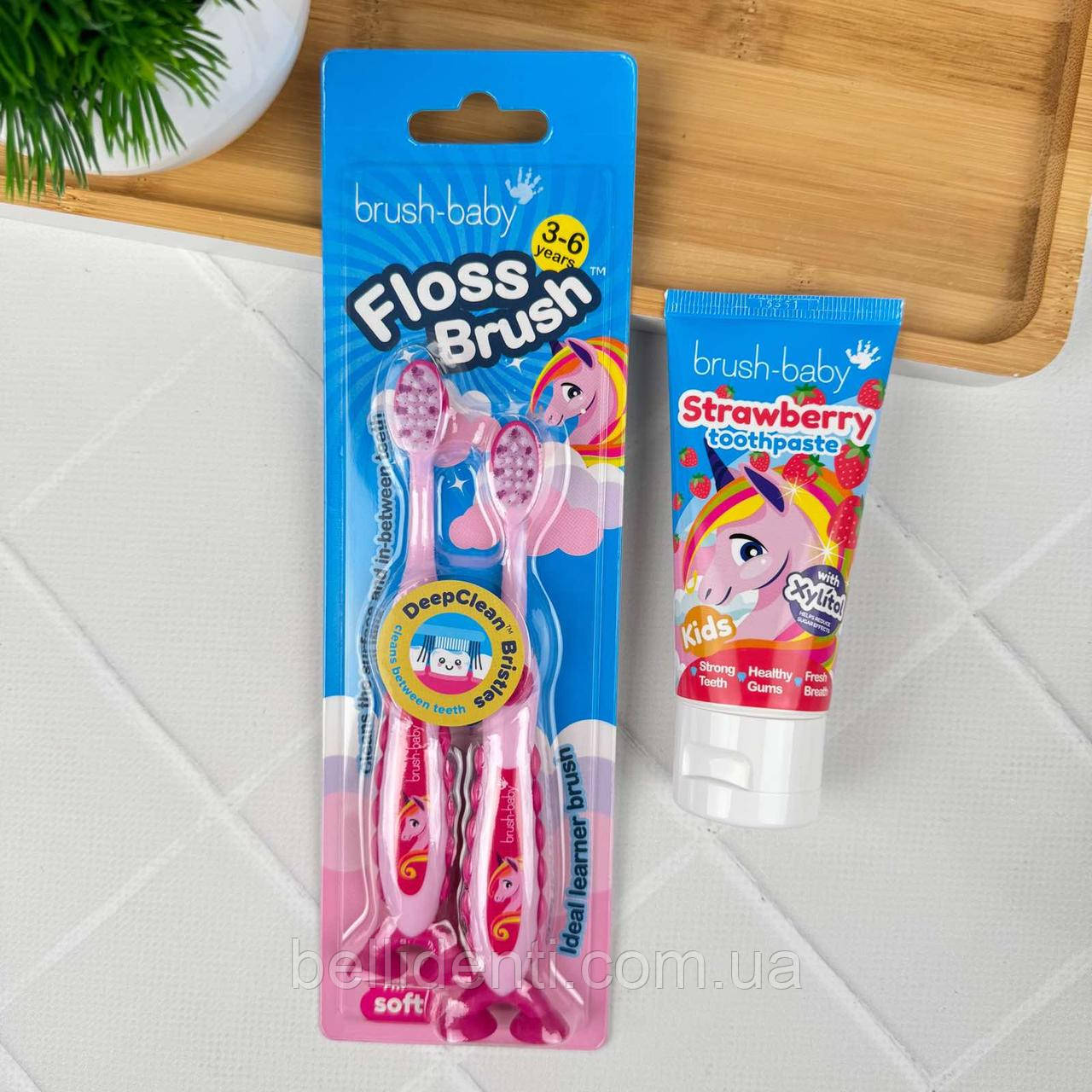 Набір Brush-Baby Floss Brush від 3 років (паста 50 мл + 2 щітки на присосці), єдиноріжка
