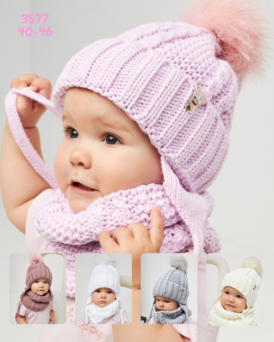 Комплект зимній (шапка на завязках з натуральним пумпономхомут) для дівчат, фото 1