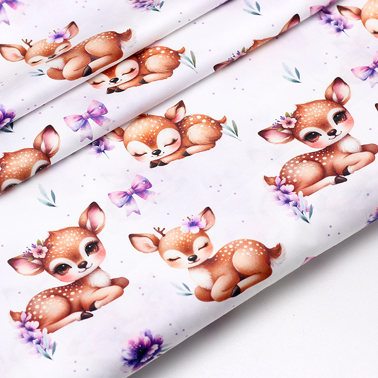 Сатин digital "Косулі з бантаки та кіточками фіолетового кольору" на акварельному тлі No SKD-160-078, фото 1