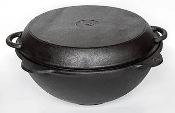 Чавунний Узбекський казан Davr Metal 16 л. кругле дно з кришкою сковородою та алюмінієвою кришкою, фото 1