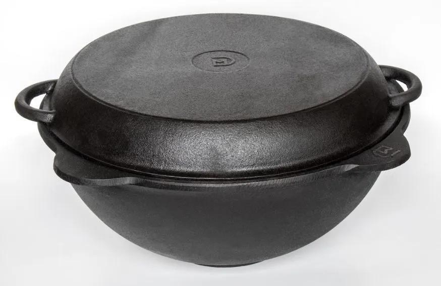 Чавунний Узбекський казан Davr Metal 22 л. кругле дно з кришкою сковородою та алюмінієвою кришкою