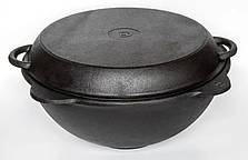 Чавунний Узбекський казан Davr Metal 22 л. плоске дно з кришкою сковородою та алюмінієвою кришкою, фото 1