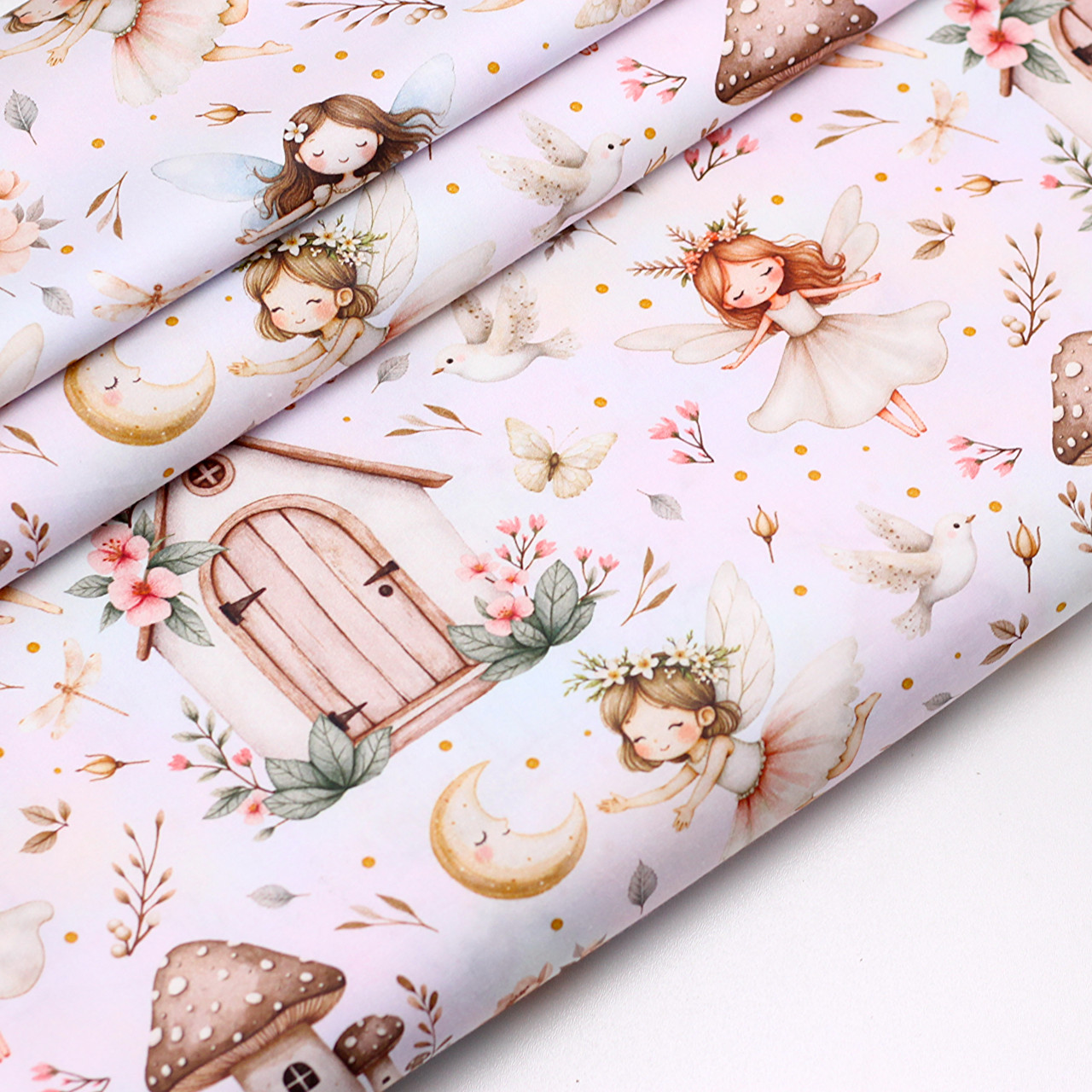 Сатин digital "Феї з будиночкамита кітами" на акварельному тлі No SKD-160-079, фото 1