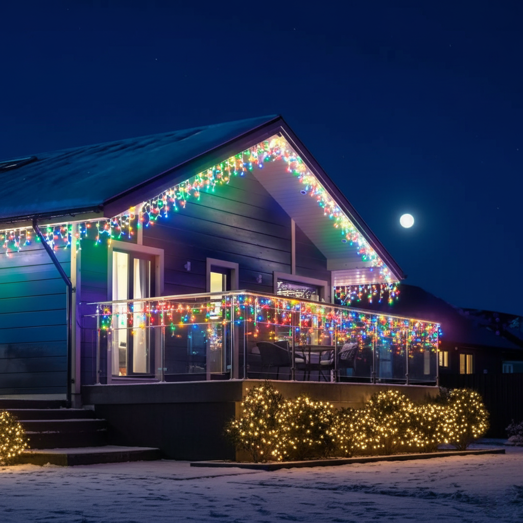 Вулична гірлянда бахрома 6 м, 135 LED, 27 ниток, мультиколор, білий дріт, фото 1