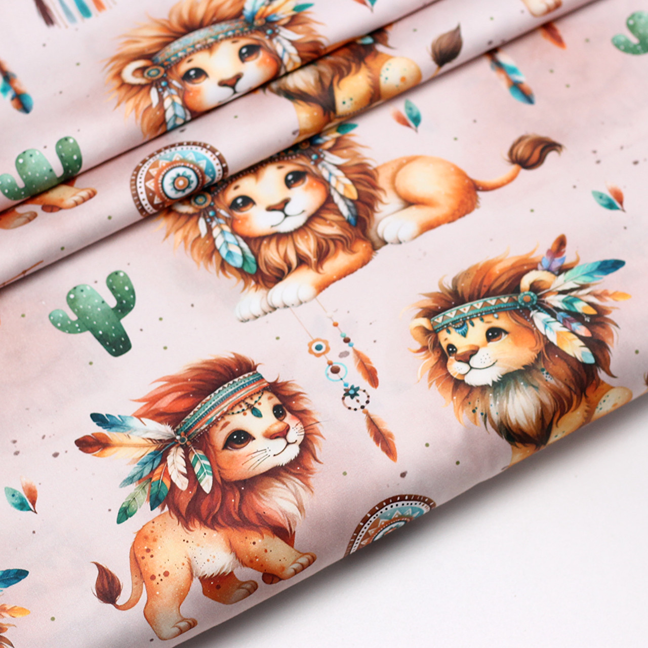 Сатин digital "Леви-індіанці" з кактусами та ловцями снів на акварельно-каковому тлі No SKD-160-081, фото 1