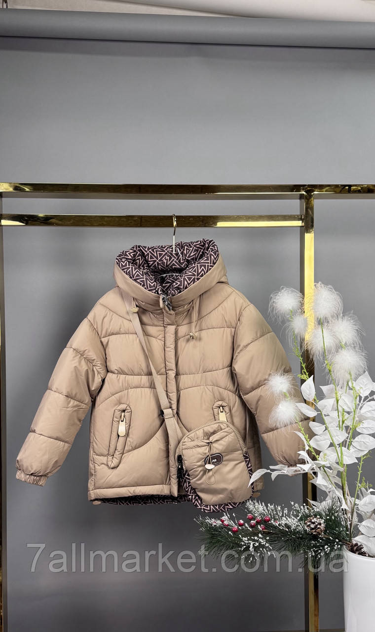 Куртка дитяча зимова двостороння із сумкою на дівчинку 116-140 см "DFK" недорого від прямого постачальника