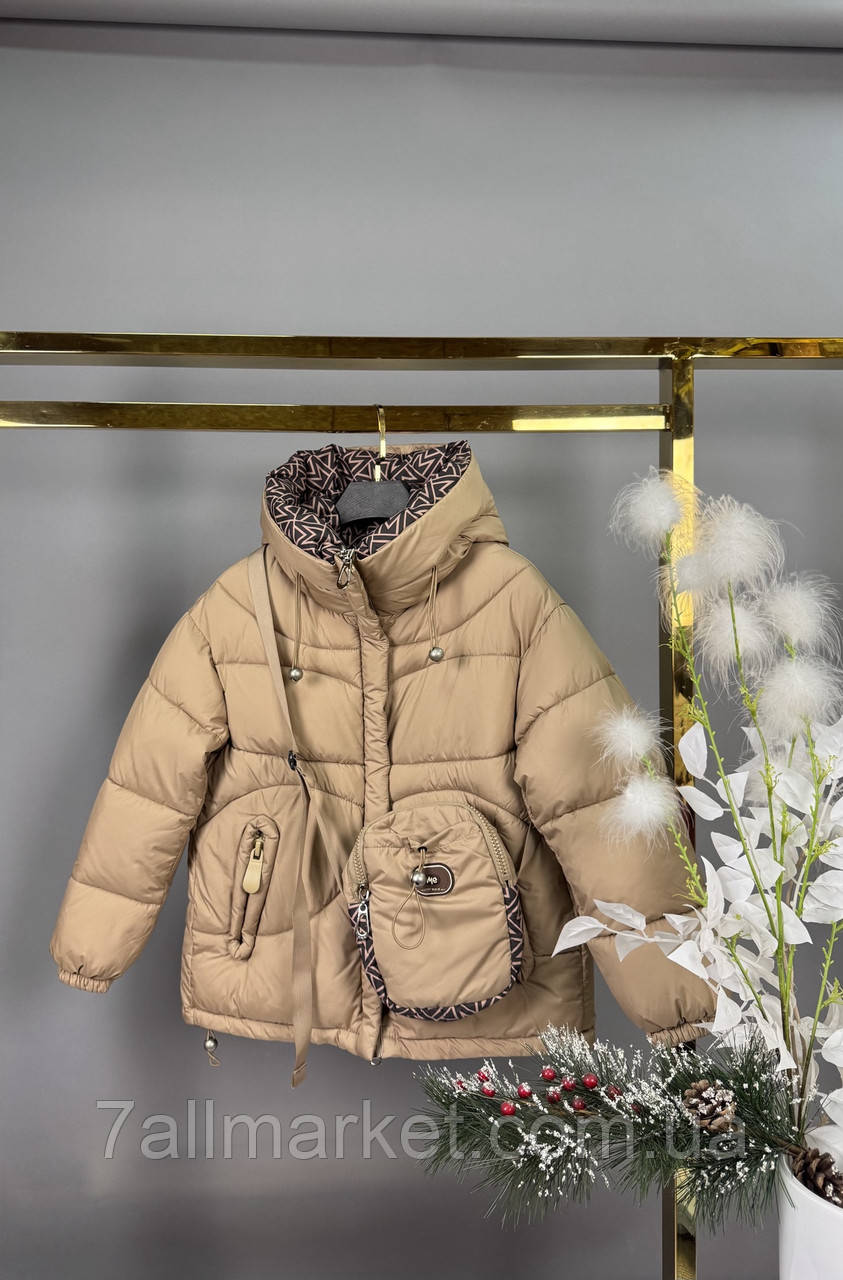 Куртка підліткова зимова двостороння із сумкою на дівчинку 128-152 см "DFK" недорого від прямого постачальника, фото 1