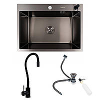 КОМПЛЕКТ Valeso Handmade мийка 70*50 PVD чорна (3,0/0,8) + NES-ZZ45 змішувач гнучкий