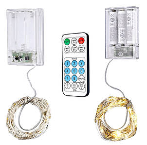 Гірлянда LED Xmas Лінійна 10m (100 ламп; прозорий провід) з боксом для батарейок AA + Пульт Д/У Warm White, фото 1