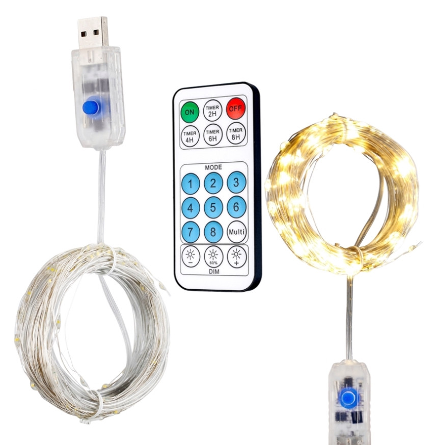 Гірлянда USB LED Xmas Лінійна 10m (100 ламп; прозорий провід) + Пульт Д/У Warm White