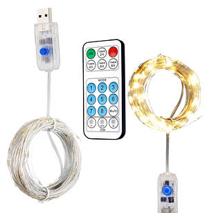 Гірлянда USB LED Xmas Лінійна 10m (100 ламп; прозорий провід) + Пульт Д/У Warm White, фото 1