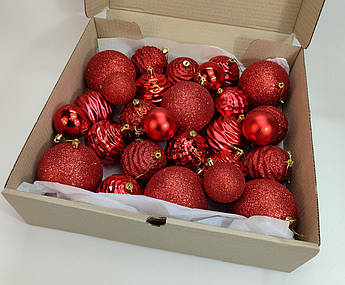 Набір ялинкових куль 27 шт у коробці | графітові, червоні, сріблясто-білі, золотисто-білі, шампань | 6/8/10 см Червоний