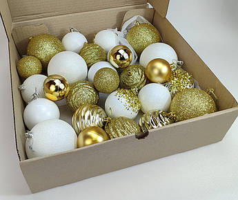 Набір ялинкових куль 27 шт у коробці | графітові, червоні, сріблясто-білі, золотисто-білі, шампань | 6/8/10 см Золотий та Білий