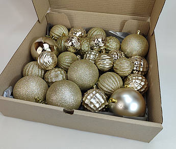 Набір ялинкових куль 27 шт у коробці | графітові, червоні, сріблясто-білі, золотисто-білі, шампань | 6/8/10 см Шампань
