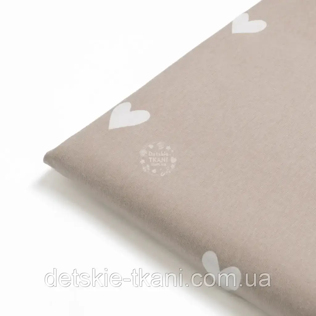 Клапоть фланелі "Сердечка білі" на бежевому, розимір 48*110 см, фото 1