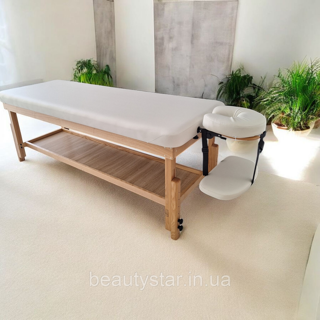 Стаціонарний масажний стіл 1 секція дерев'яний каркас з регулюванням висоти + регульований підголівник KP-9, фото 1