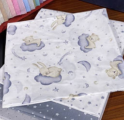 Ранфорс завширшки 240 см "Сплячі ведмедики і зайчики на графітових хмарах, падаючі зірки", №5815