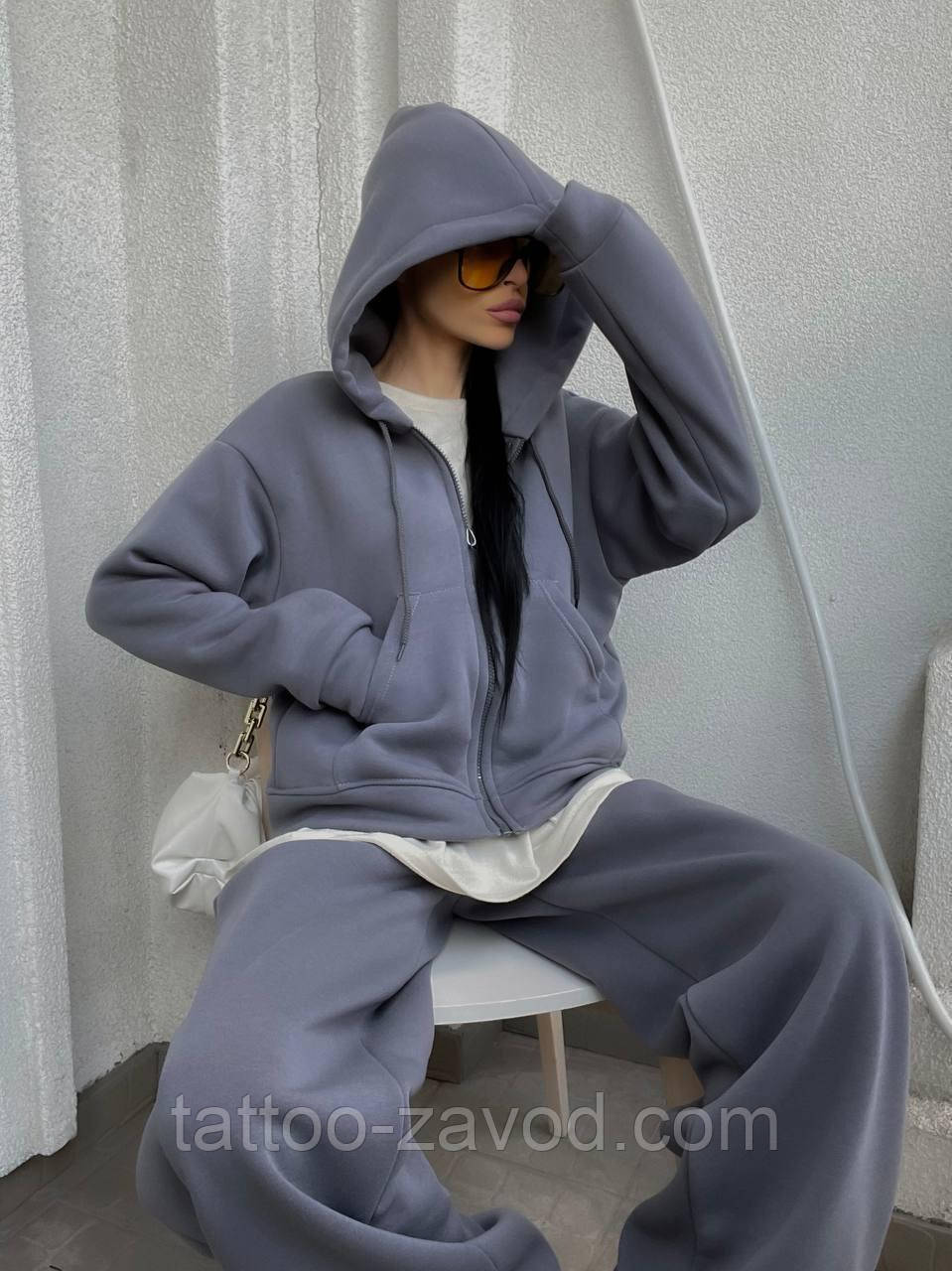 Базовый теплый костюм женский зипка на молнии с капюшоном и штаны палаццо трёхнить на флисе 42-46, фото 1