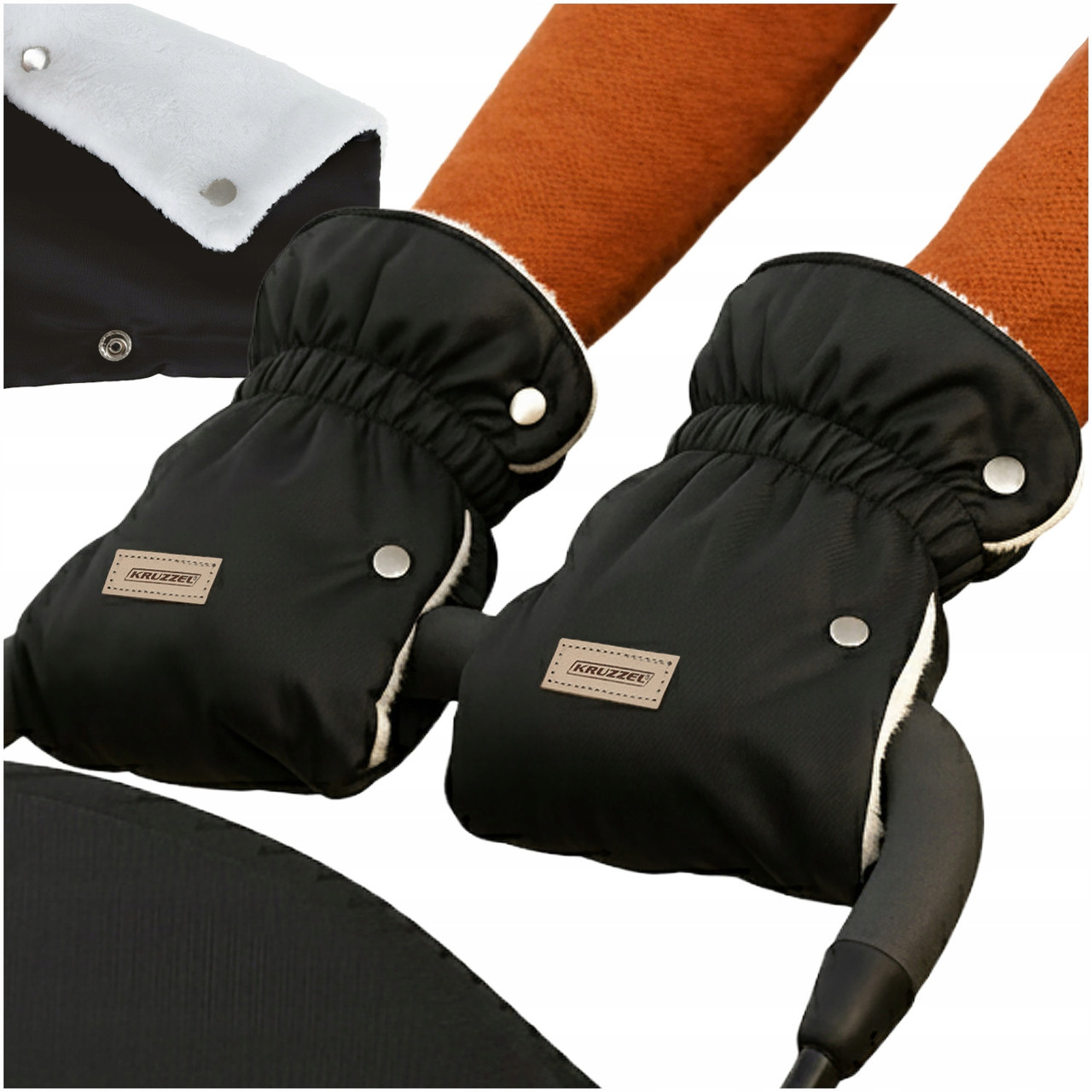 Рукавички-Муфта до візка Kruzzel — утеплені чорні, набір 2 шт., подвійні рукавиці з плюшем, фото 1
