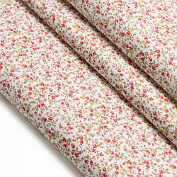 Сатин "Квіточки малиново-червоні з оливковими гілочками", №5789с