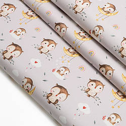 Сатин "Совенята на жовтому місяці на сірому тлі", №5800с