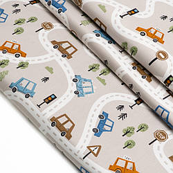 Сатин "Машини на дорогах на бежевому тлі", №5793с