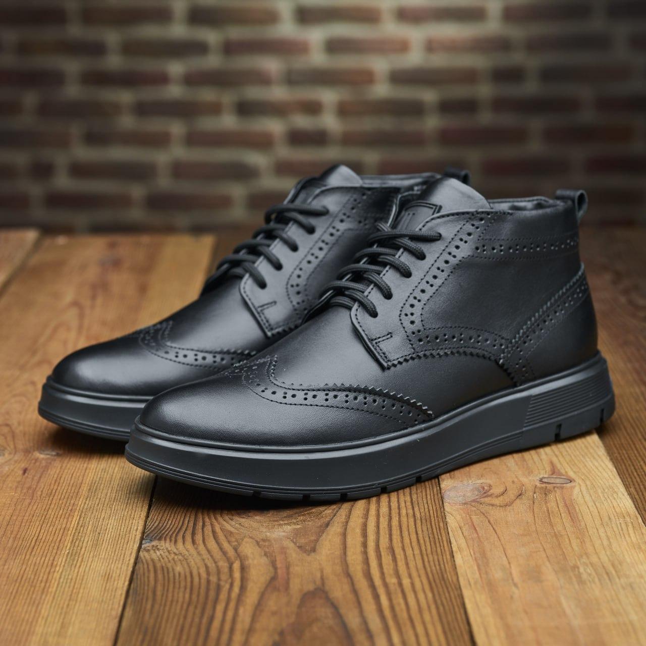 Зимові шкіряні черевики чоловічі чорні на блискавці з натуральної шкіри на хутрі, чоловіче взуття на зиму, фото 1