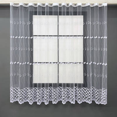 Коротка тюль, висотою 1,6м., фатин з вишивкою та люрексом. Колір холодний білий. Код 1892т