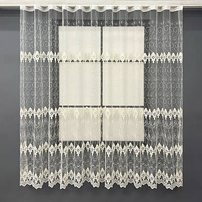 Коротка тюль, висотою 1,75м., фатин з вишивкою та люрексом. Колір бежевий. Код 1894т