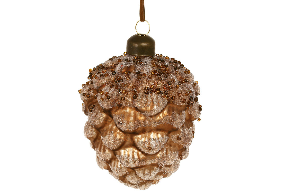 Ялинкова прикраса зі скла Шишка з напиленням лід, фото 1