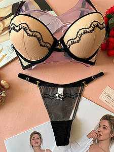 75/80/85B Комплект жіночої білизни чорний мікросітка push-up з вишивкою B