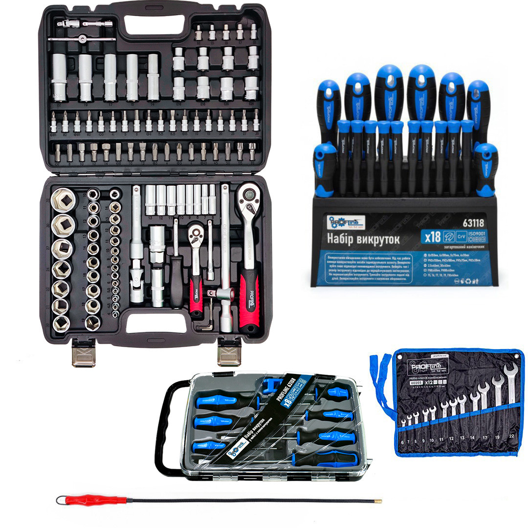 Набір інструментів 5в1 (набір 108 од, ключі на полотні, набір викруток 18 од, гнутий підовжувач і набір викруток професійних у