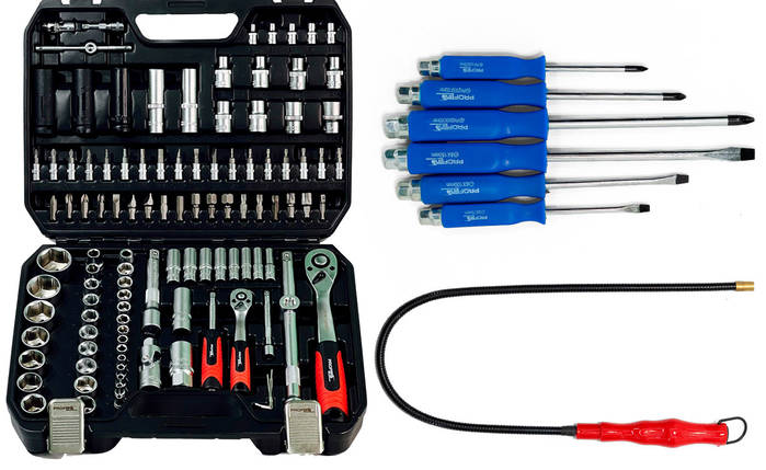 Набір професійного інструменту 3в1 (набір 111 од + набір ударних викруток ергономічних 6 од + магніт на гнучкому подовжувачі), фото 1